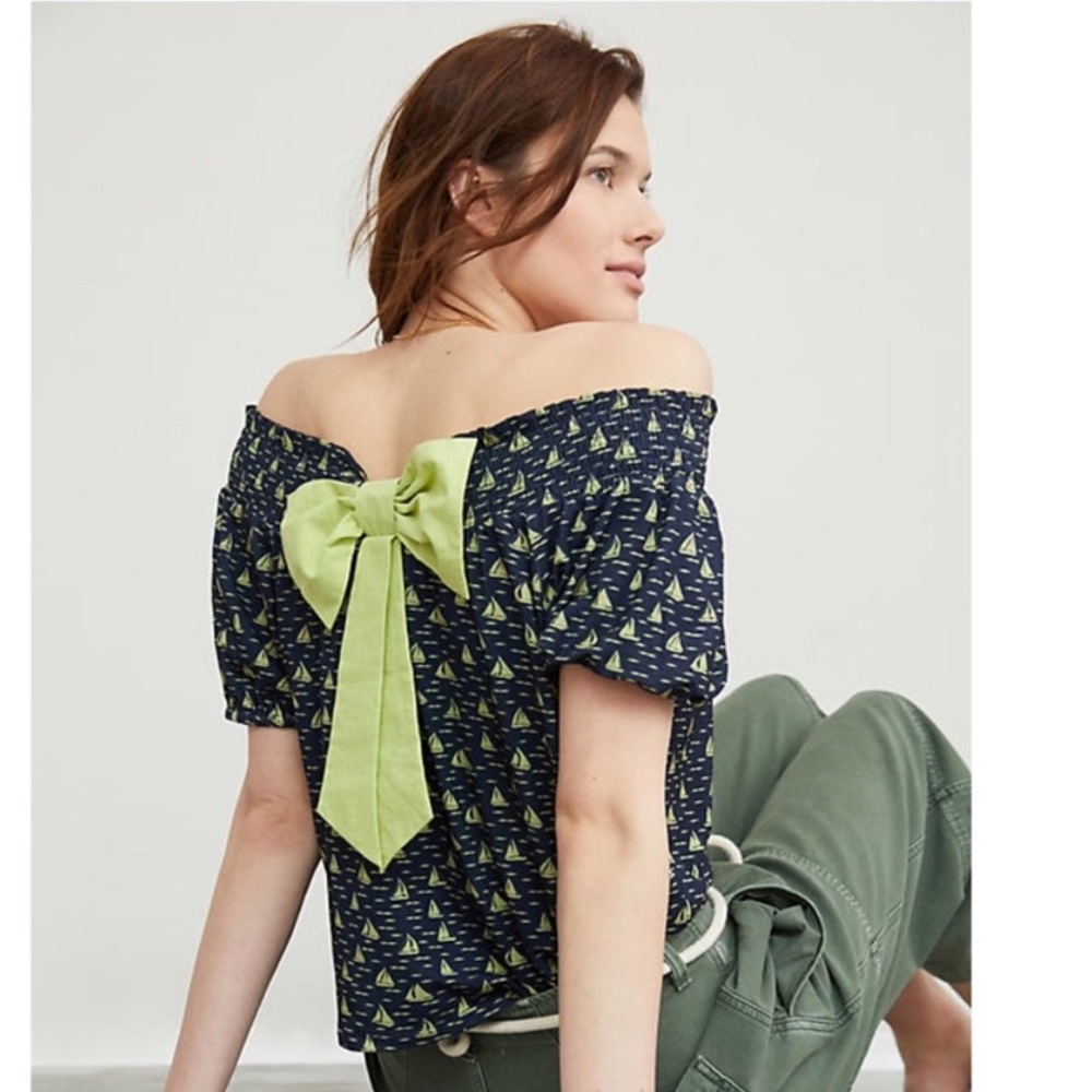 Anthropologie Porridge Printed Bow Back Top Navy Blue Green New Small Sail Boats